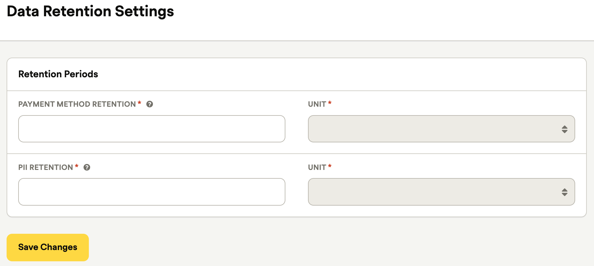 Data Retention Settings configuration screen