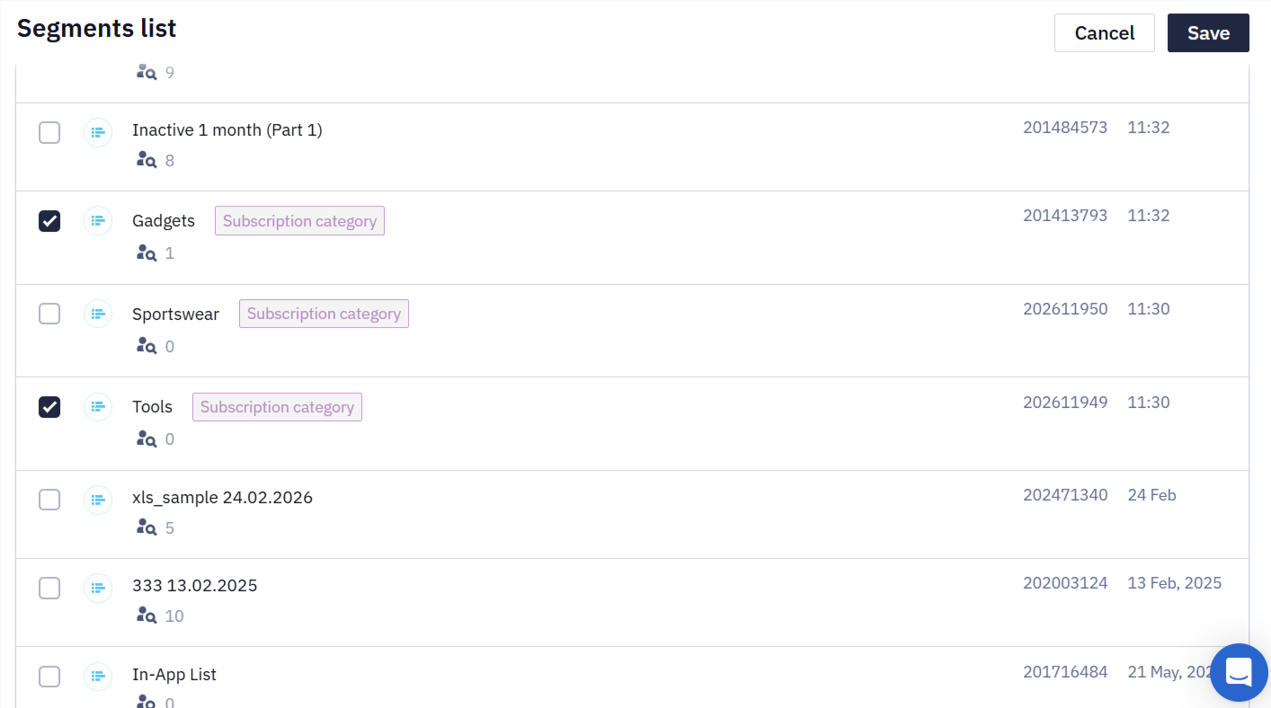 Segments list