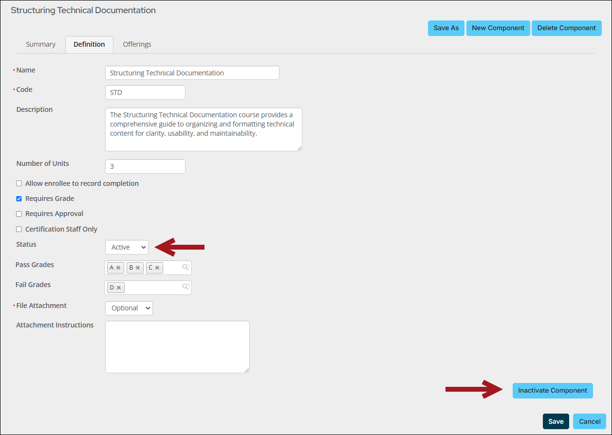 Viewing the Definition tab of a certification component, which includes a Status option and an Inactivate Component button.