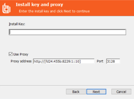 Image of an installation dialog titled Install key and proxy with an orange header and BeyondTrust logo. The dialog instructs: “Enter the install key and click Next to continue.”