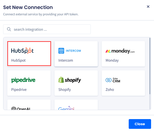 Screenshot of the screen with setting new HubSpot connection