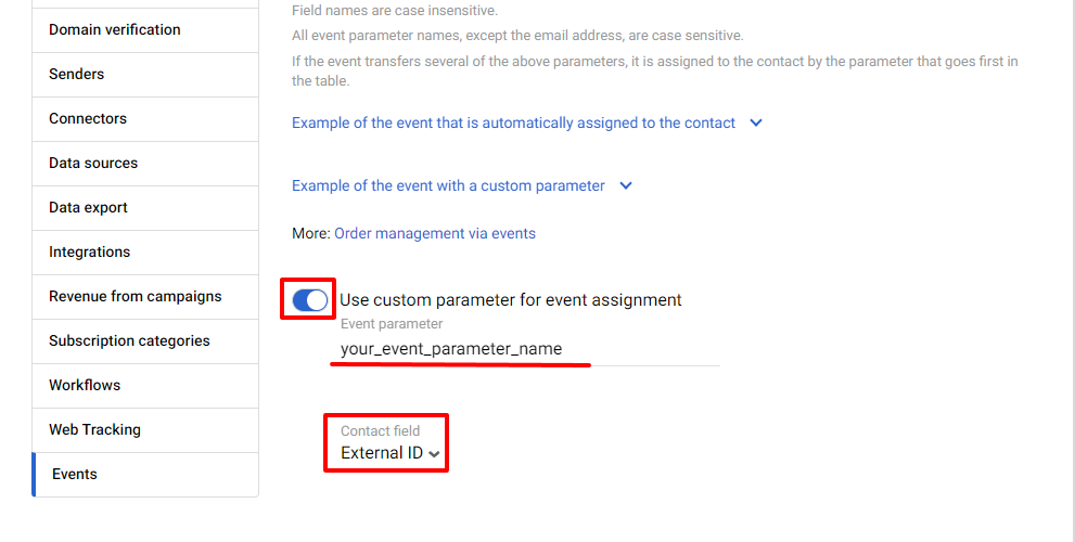 Custom parameter for event assignment