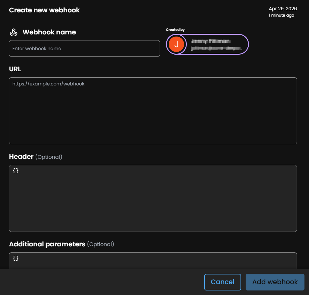 Form to create a new webhook