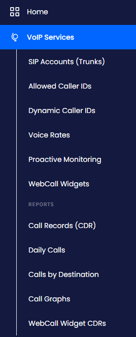 Screenshot of the VoIP Services menu