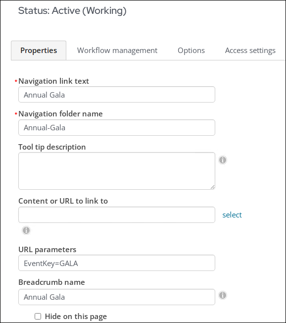 Enter the Navigation link text, Content or URL to link to, and URL parameters for the new navigation. Be sure to click save.
