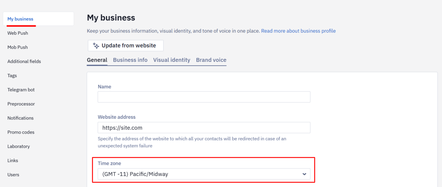 My business settings page with the Time zone field highlighted on the General tab