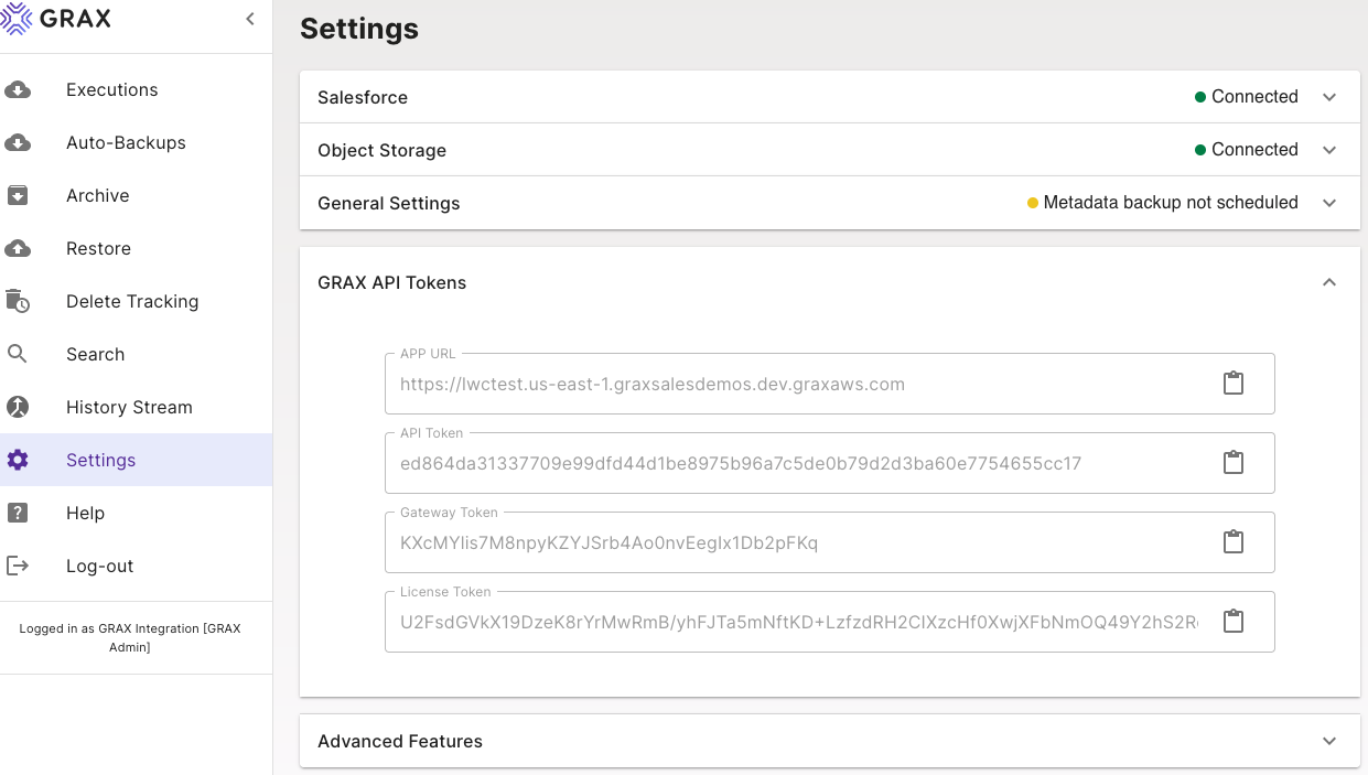 GRAX Settings page showing the GRAX tokens