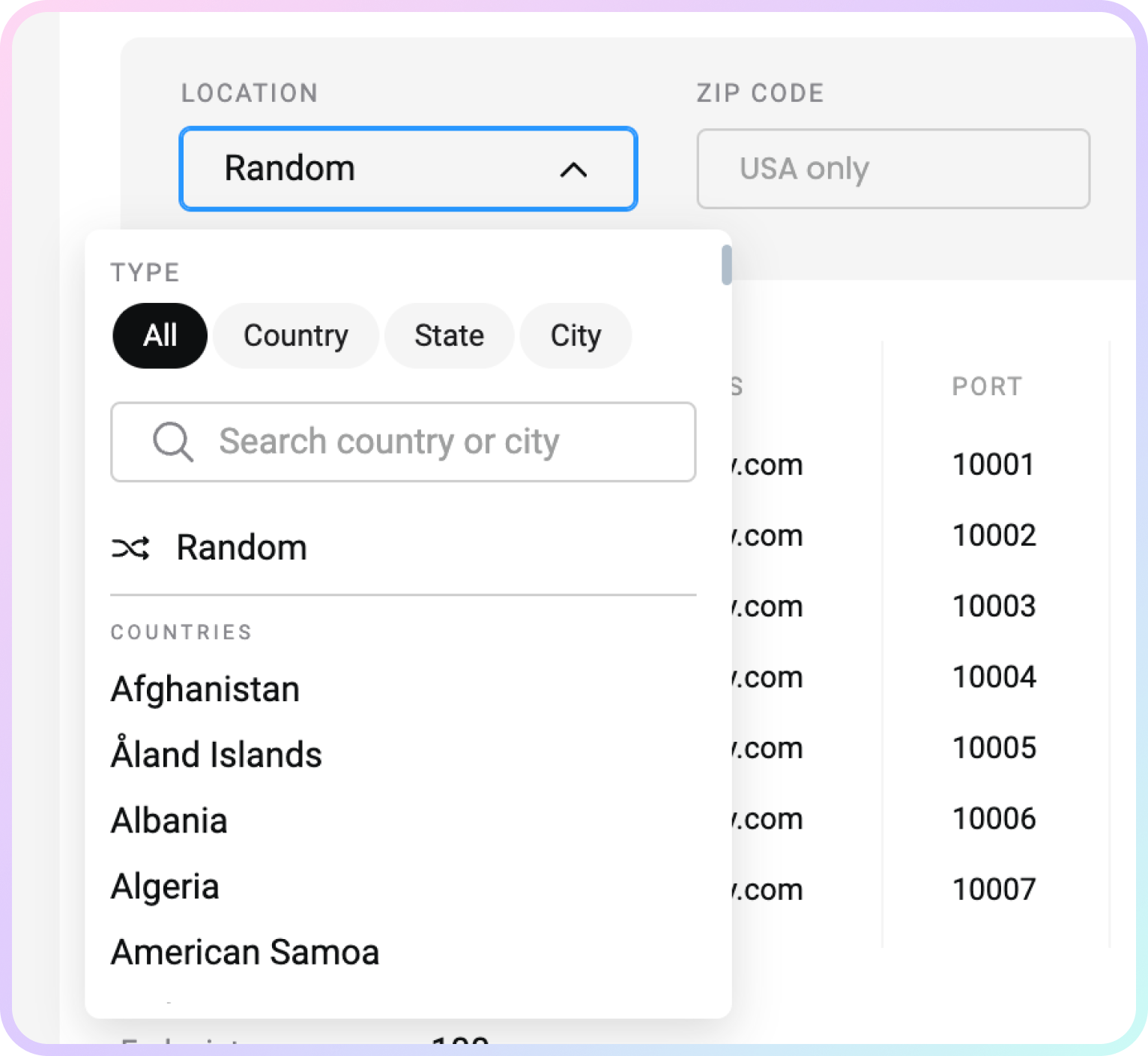 Location selection.