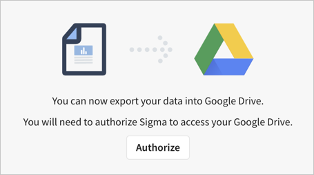 Dialog showing "you can now export your data into Google Drive. You will need to authorize Sigma to access your Google Drive."