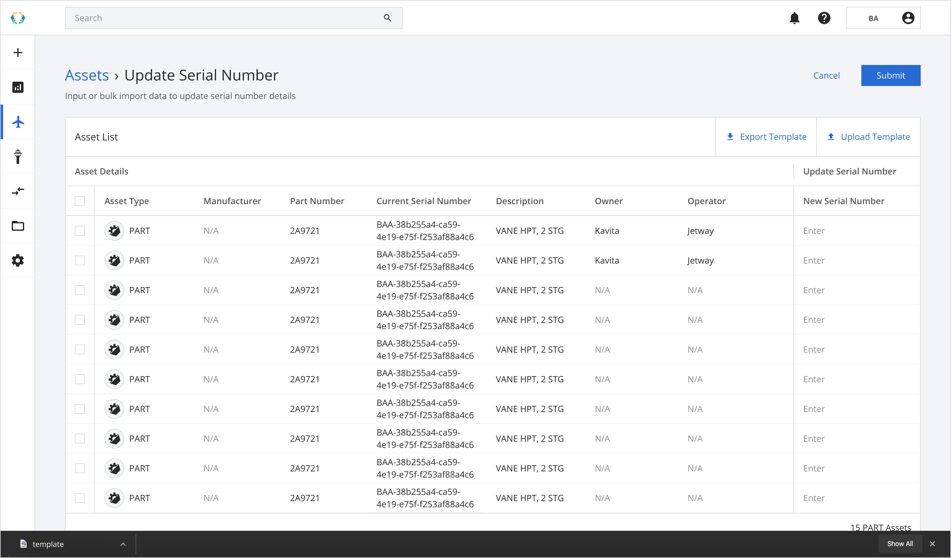 Selected assets' serial numbers exported