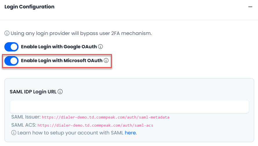 Screenshot of Login Configuration with Microsoft OAuth option highlighted