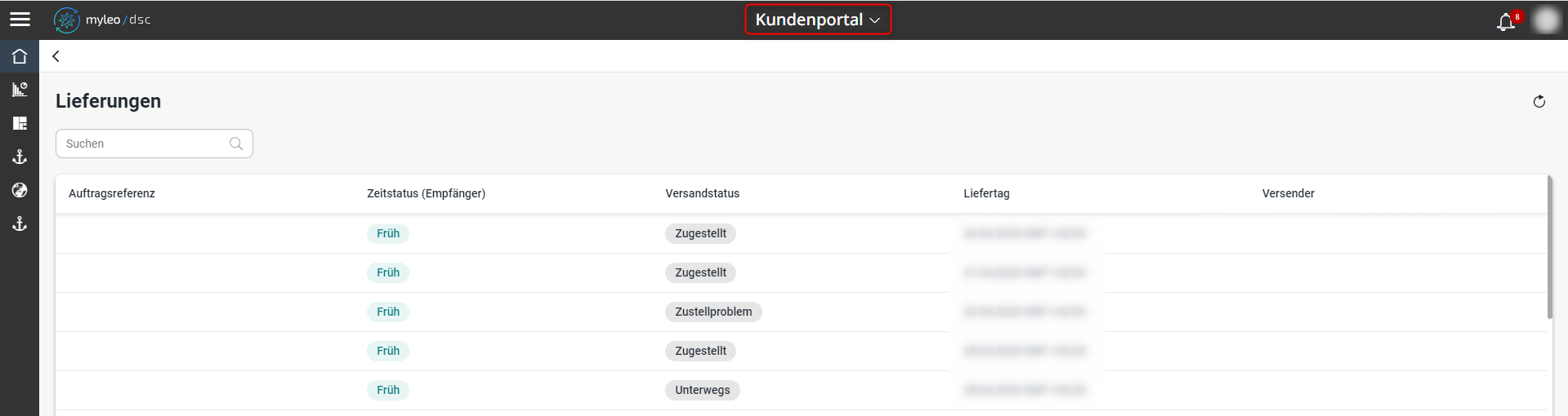 Übersicht der Lieferungen innerhalb des Kundenportals