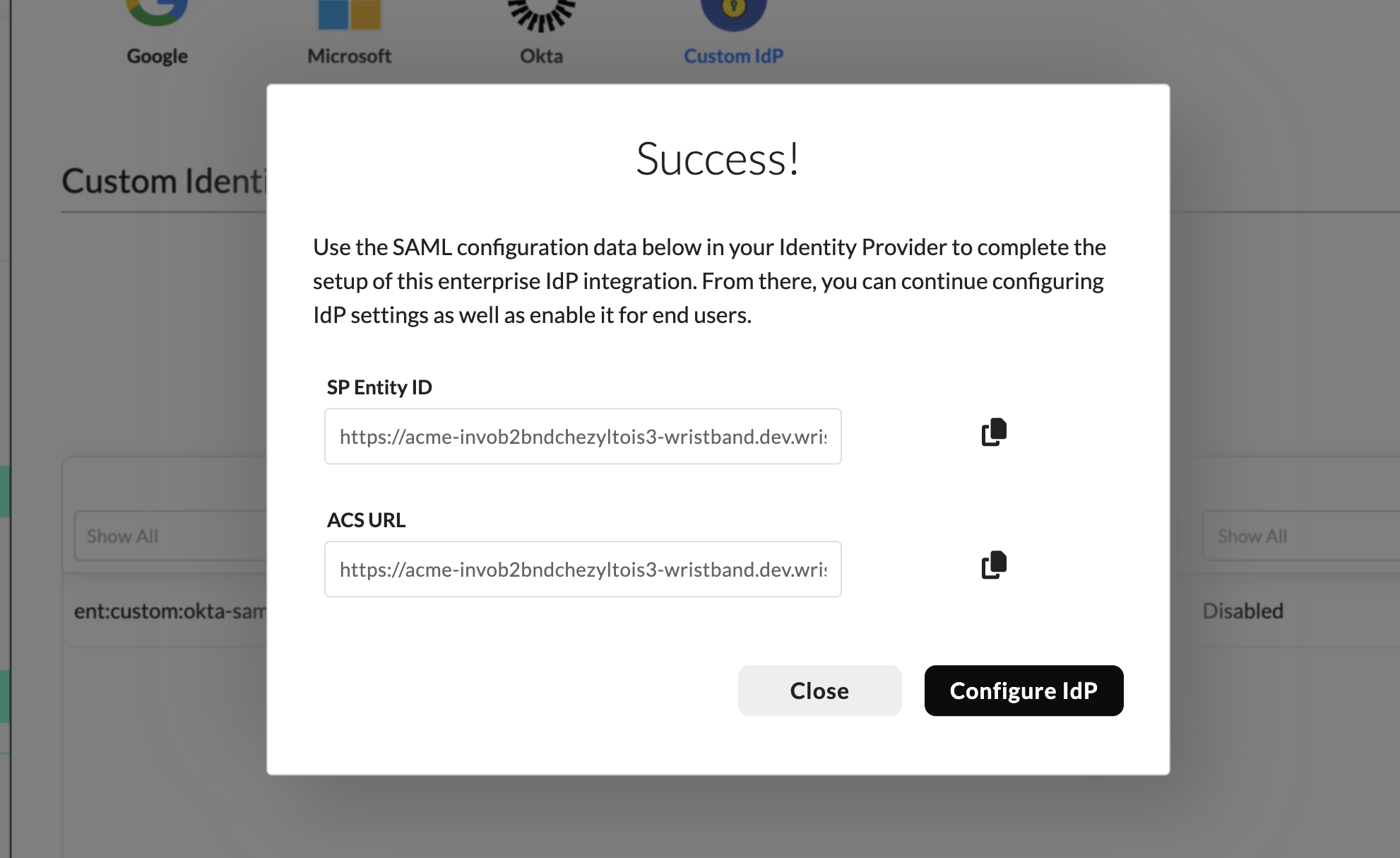 Wristband: Success modal showing SP Entity ID and ACS URL