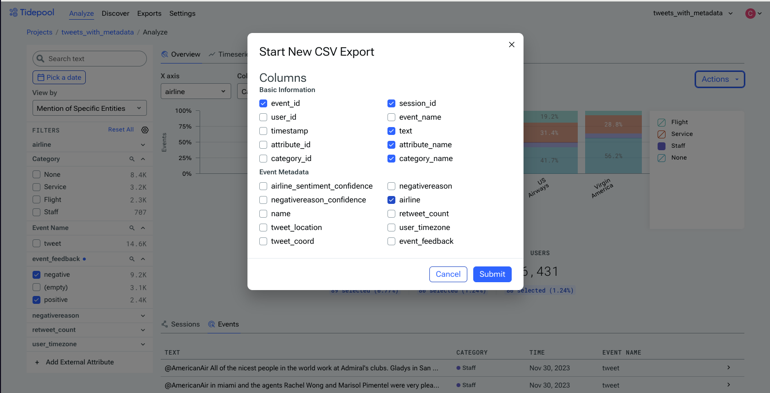 The CSV Export dialog. Select any subset of the available columns and click Submit to queue the export.