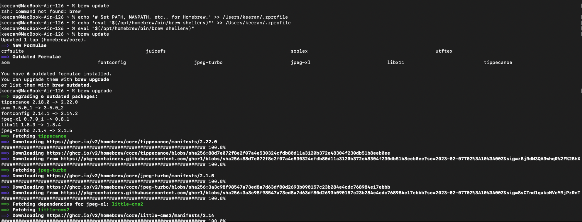 Figure 16: Adding the ‘brew’ command to PATH, as per the official installer recommendations, and updating brew.