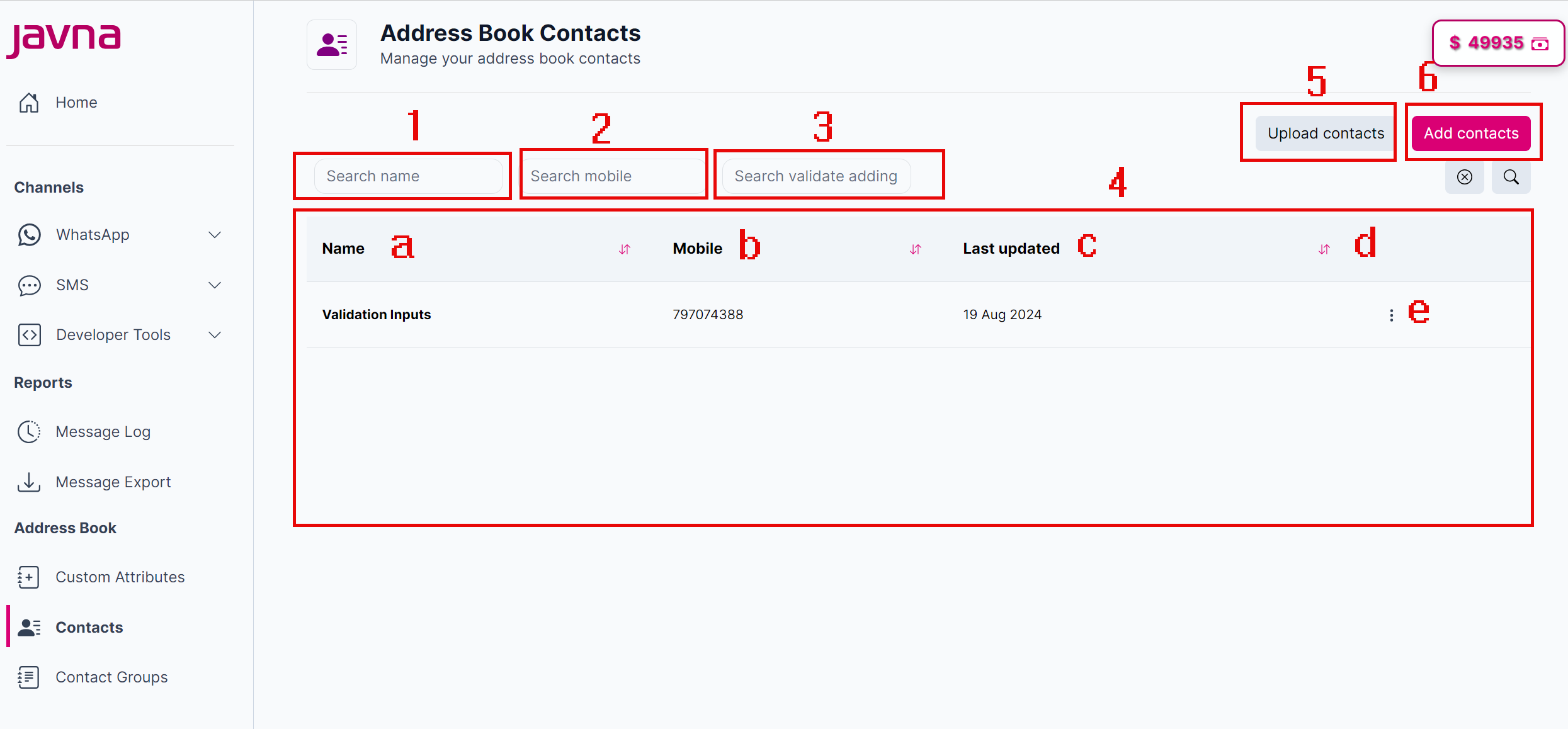 Fig 154: The components of the "Contacts" page. 