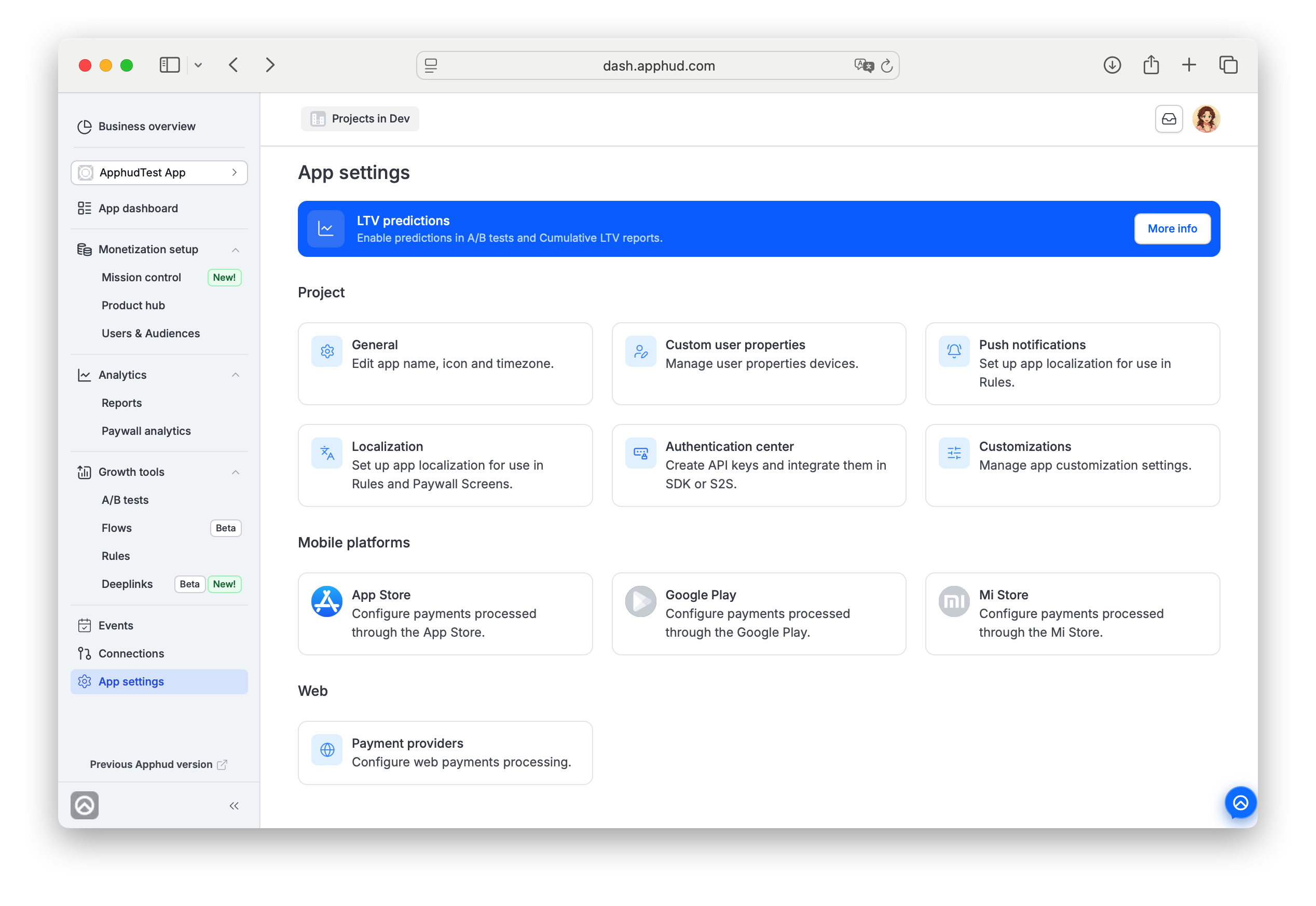 App settings card grid