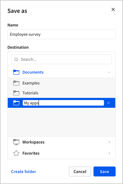 A workbook's Save as modal, with a new folder called My apps created as a subfolder under the Documents folder.