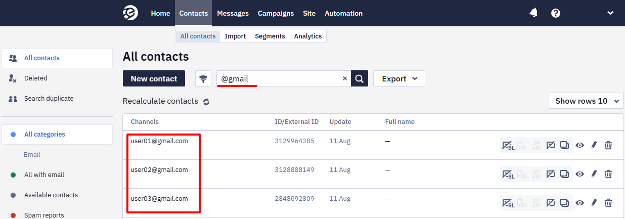 Contacts page filtered by searching gmail, listing 30 matching contacts with email, ID, changed date, and full name columns