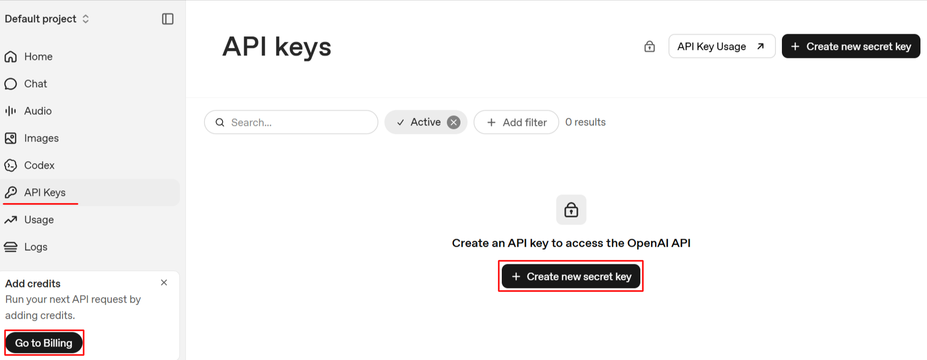 OpenAI API keys page