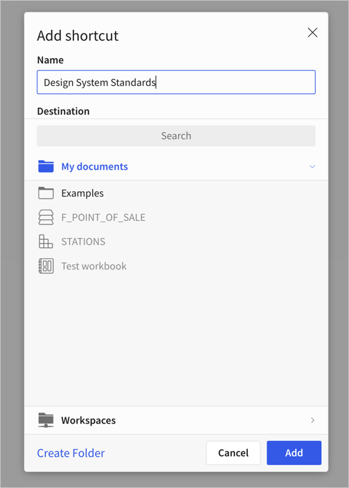 Add shortcut modal, with the currently selected folder, My Documents, highlighted in blue