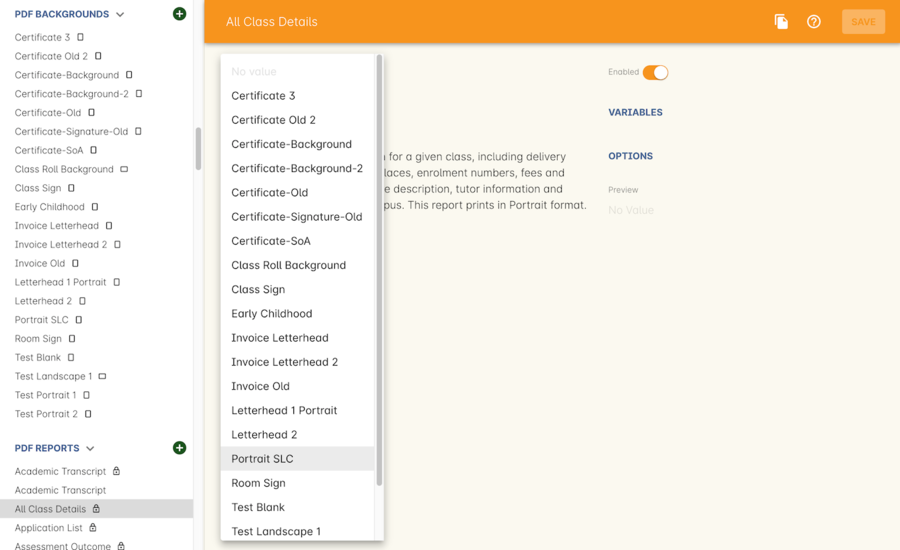 Figure 296. Manage backgrounds via Reports window