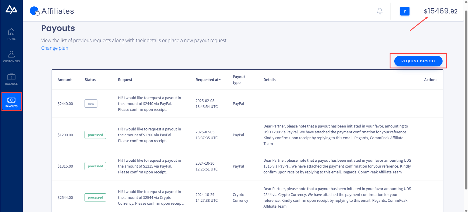 Screenshot of the Payouts page