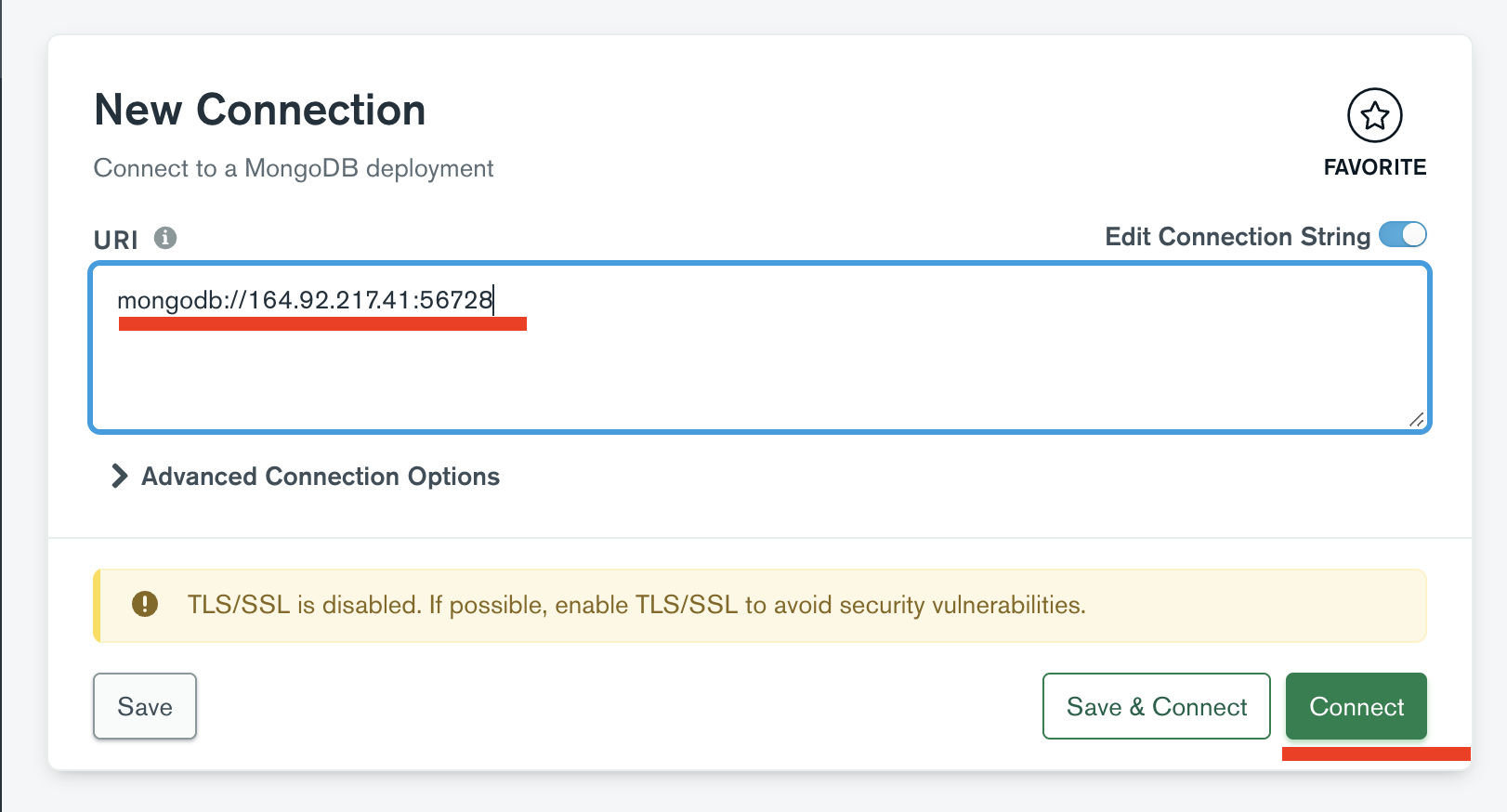 Insert your MongoDB IP address and connect