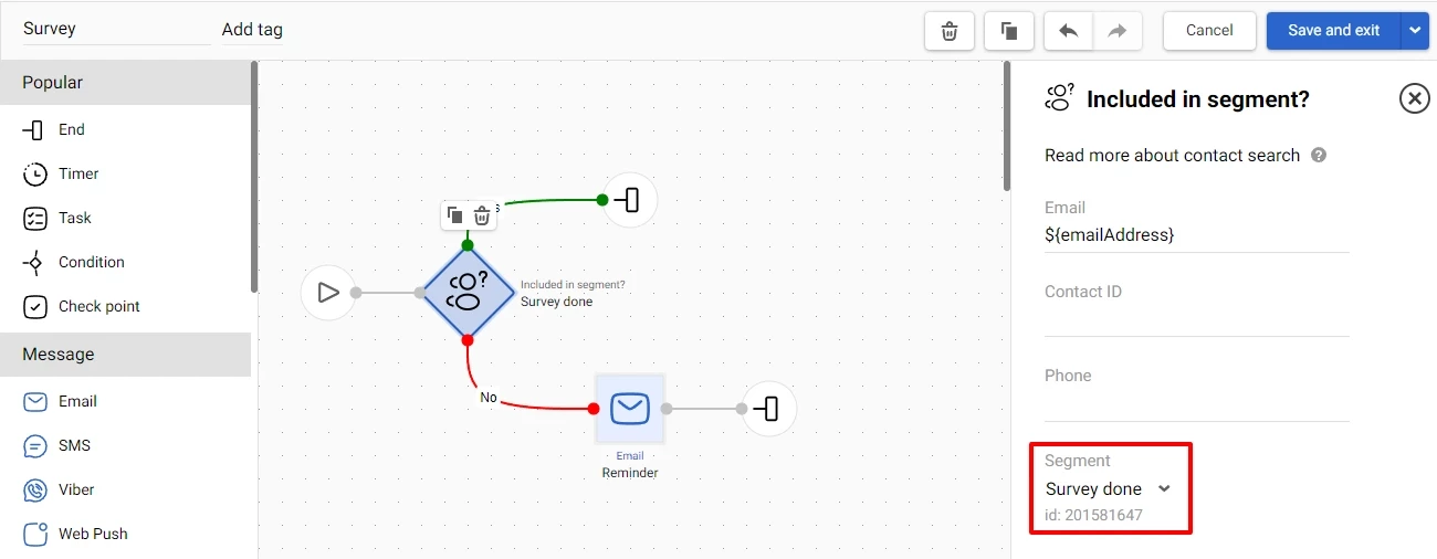 Workflow example with the Included in segment condition