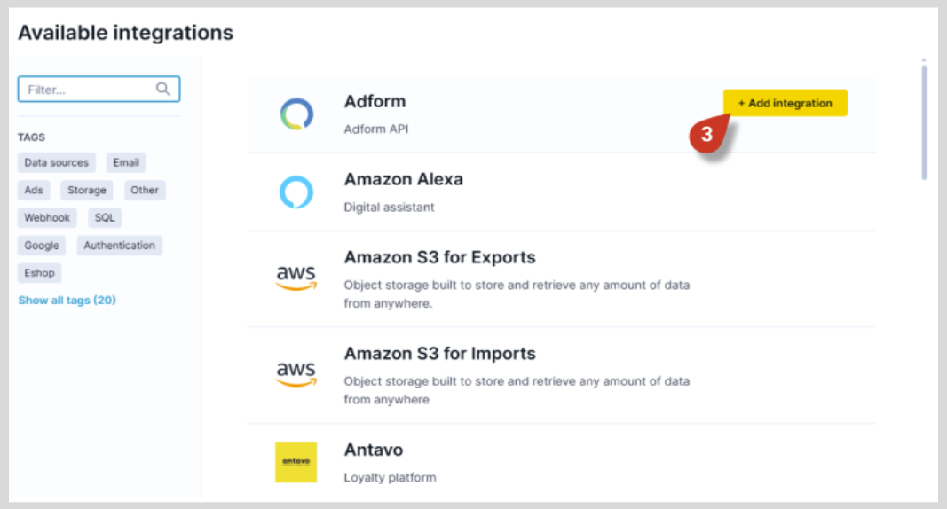 Available integrations list showing Adform with API label and Add integration button