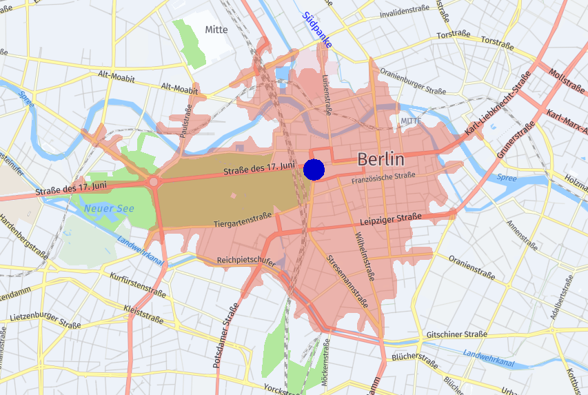 Example isoline representing a travel time period of five minutes from the center of Berlin