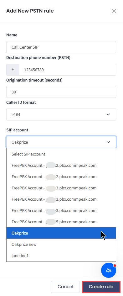 Screenshot of the Add New PSTN Rule window
