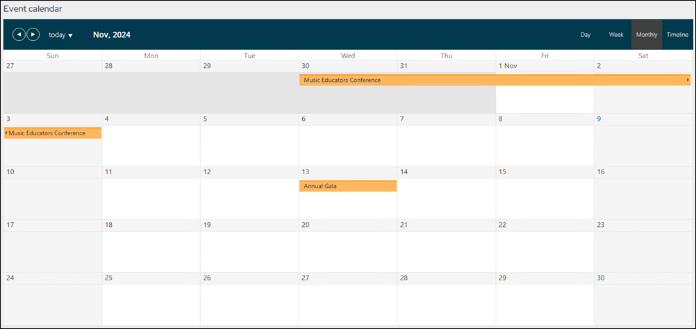 Go to Events > Calendar to view events by Day, Week, Monthly, or Timeline. Events listed on the Event calendar are color-coded to indicate visibility and availability for registration.