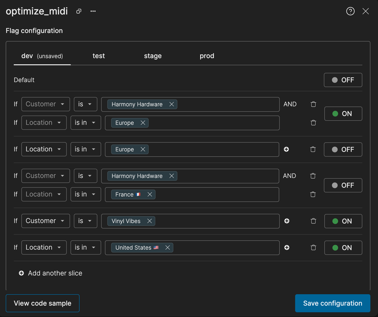 Flag configuration screen for an example flag in Atono showing multiple slices for different combinations of customer and location. There is a default toggle for the environment, and each slice has an ON/OFF toggle with conditions like Harmony Hardware in Europe set to ON and other slices configured for different customer and location pairs.