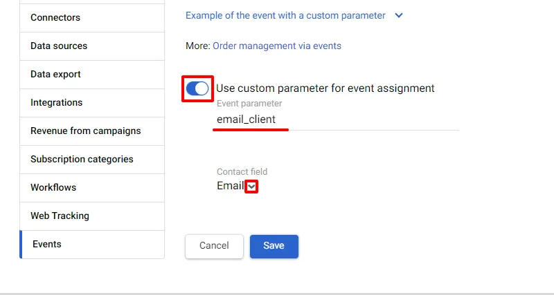 Custom parameter for event assignment
