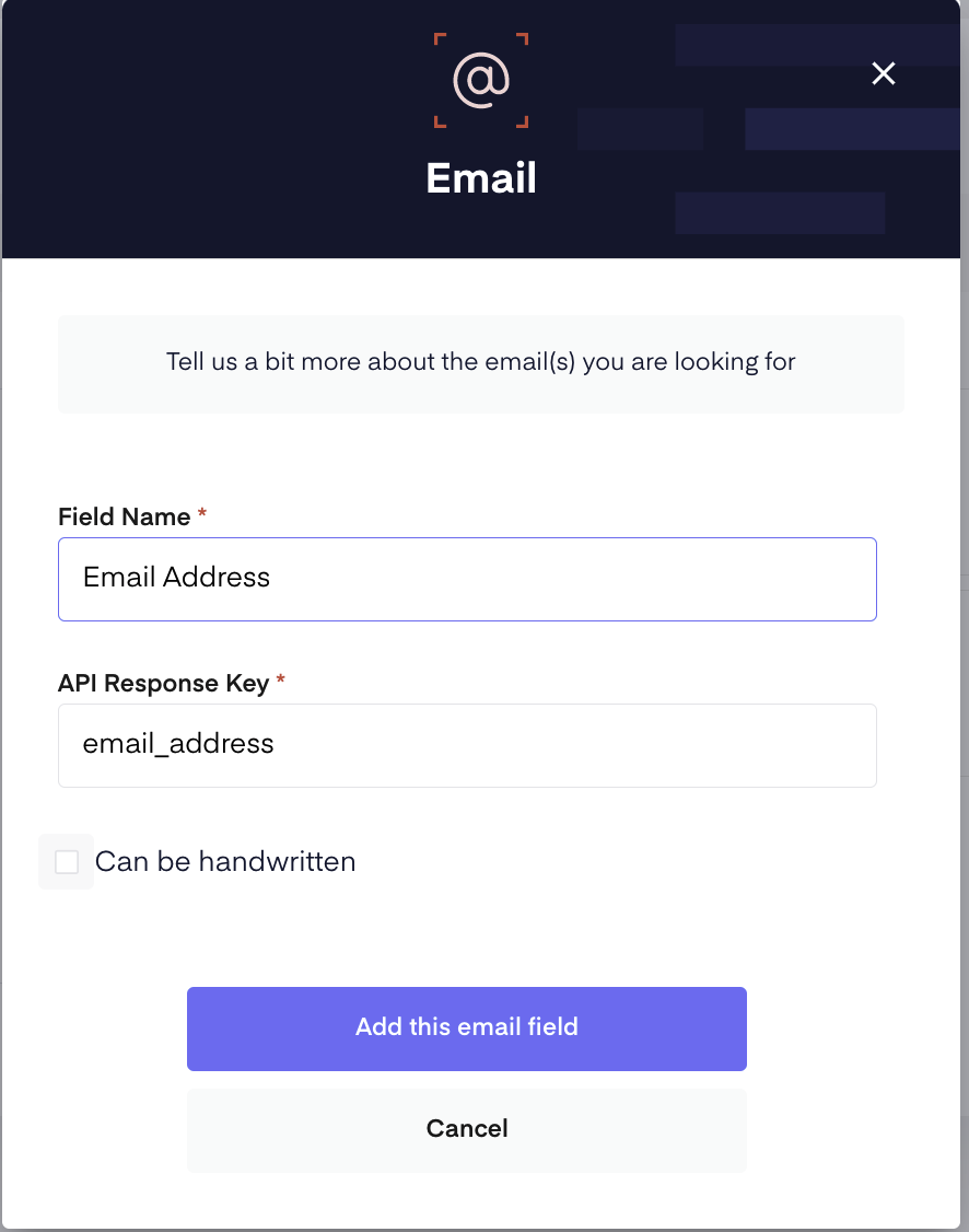 email field name and API response filled