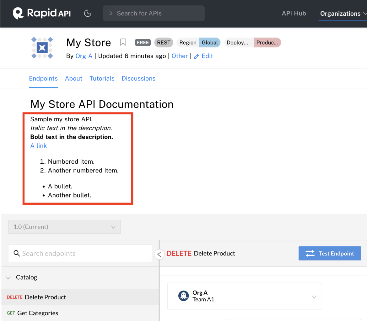 Viewing the short description on the Endpoints tab of the API listing.