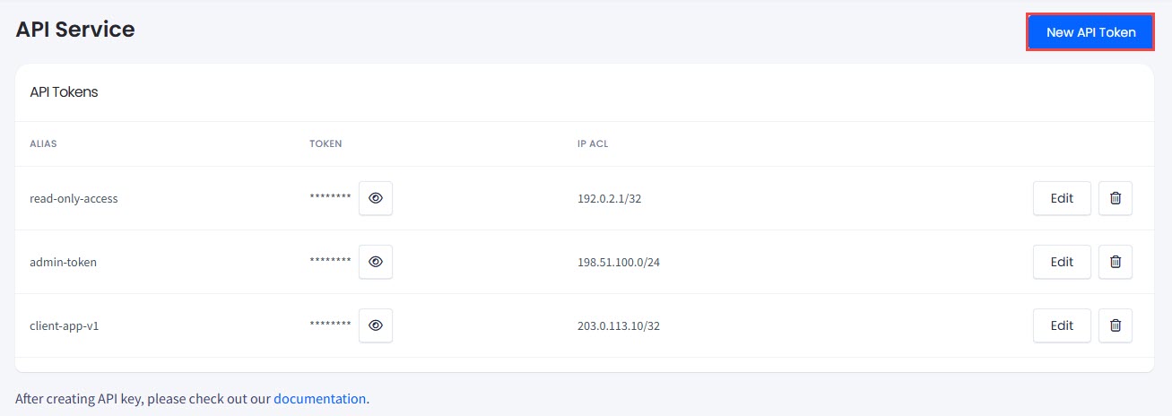 Screenshot of API Tokens box with the New API Token button