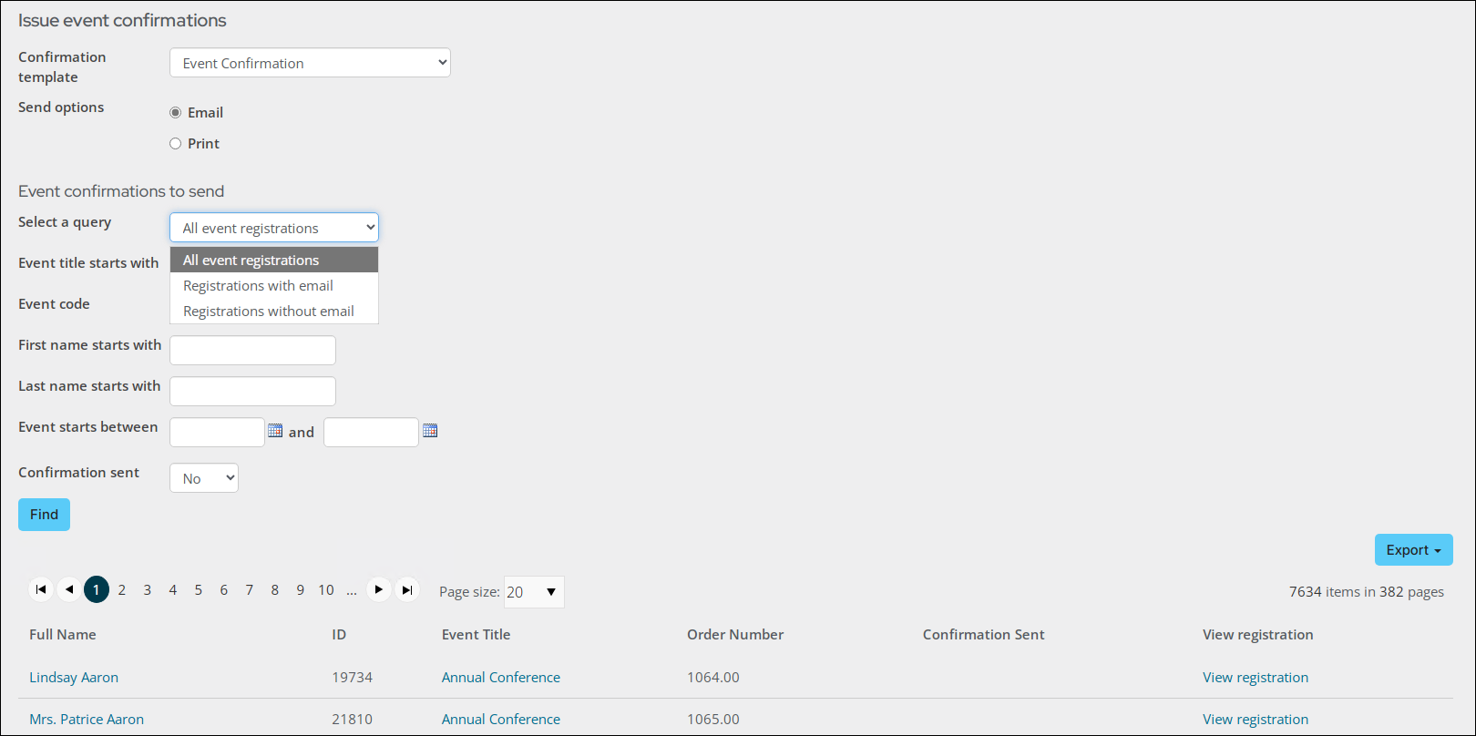 The issue event confirmations window.