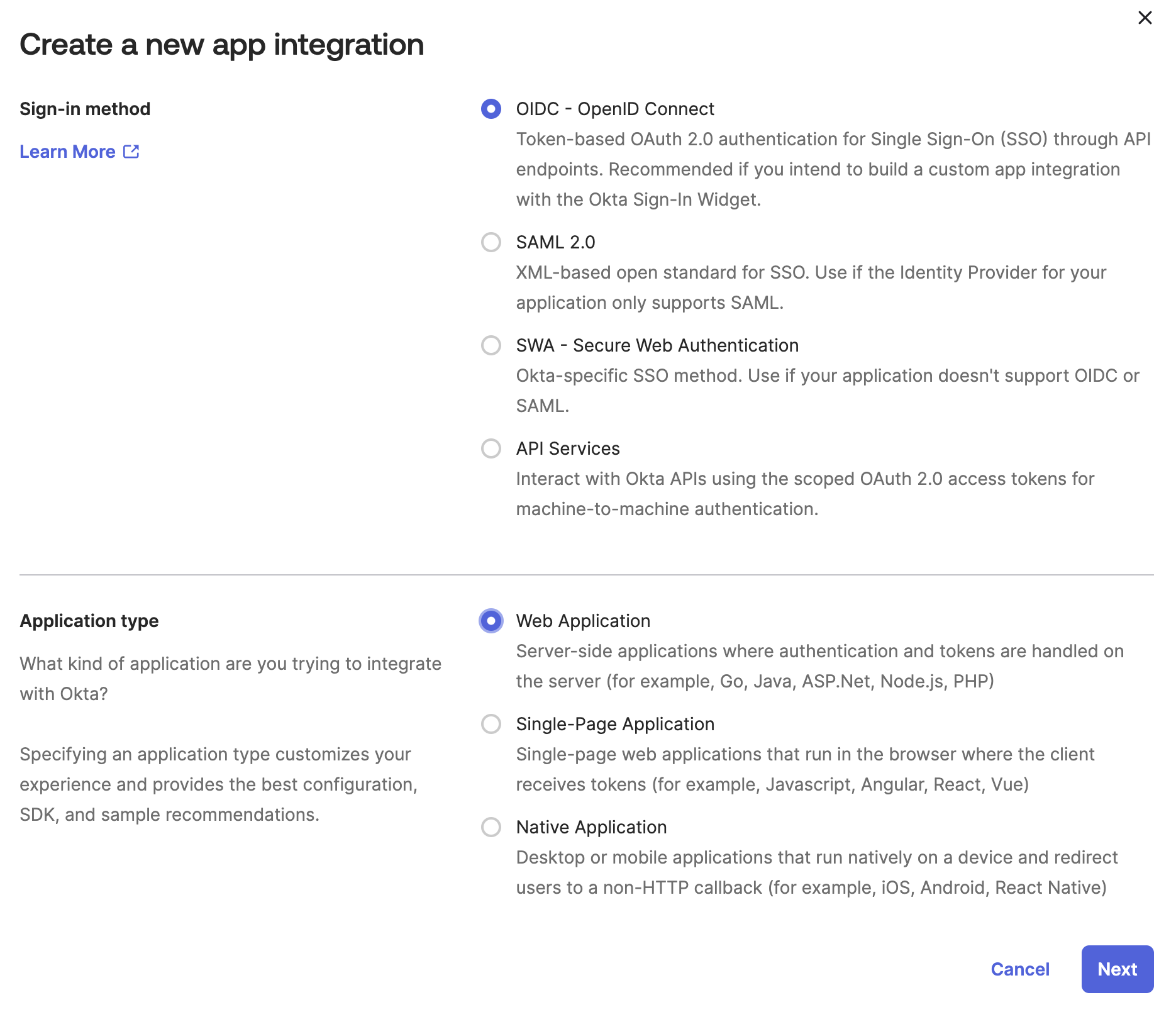 Create a new app integration