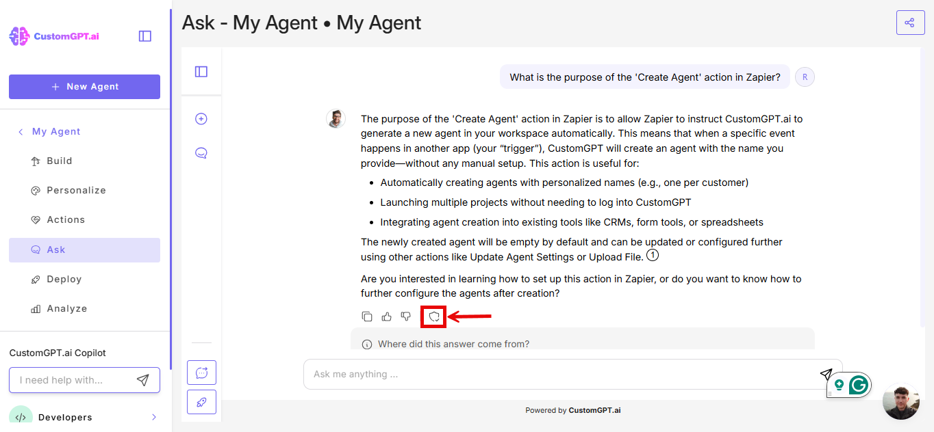 shield icon after AI response