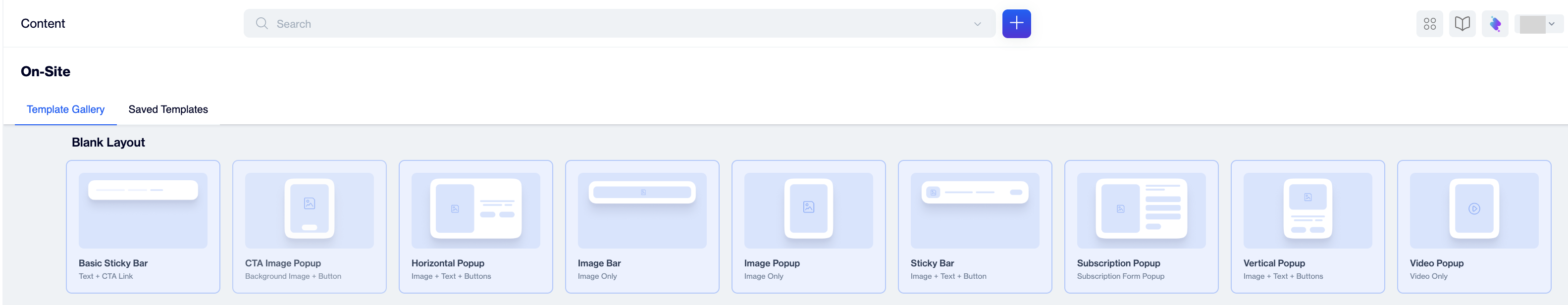 Blank Layout row of the On-Site Template Gallery with the CTA Image Popup card second from the left