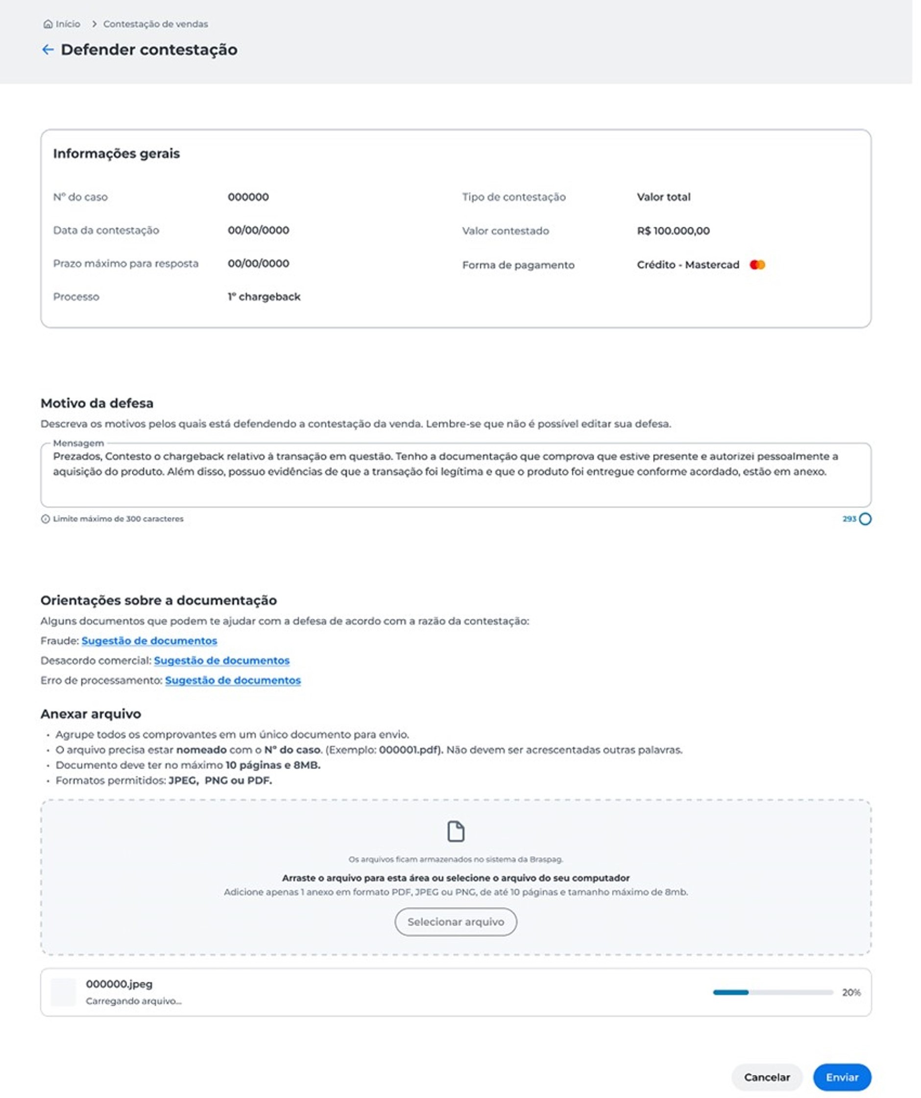 Visual da tela com as orientações sobre quais documentos são recomendados inserir em sua defesa de chargeback