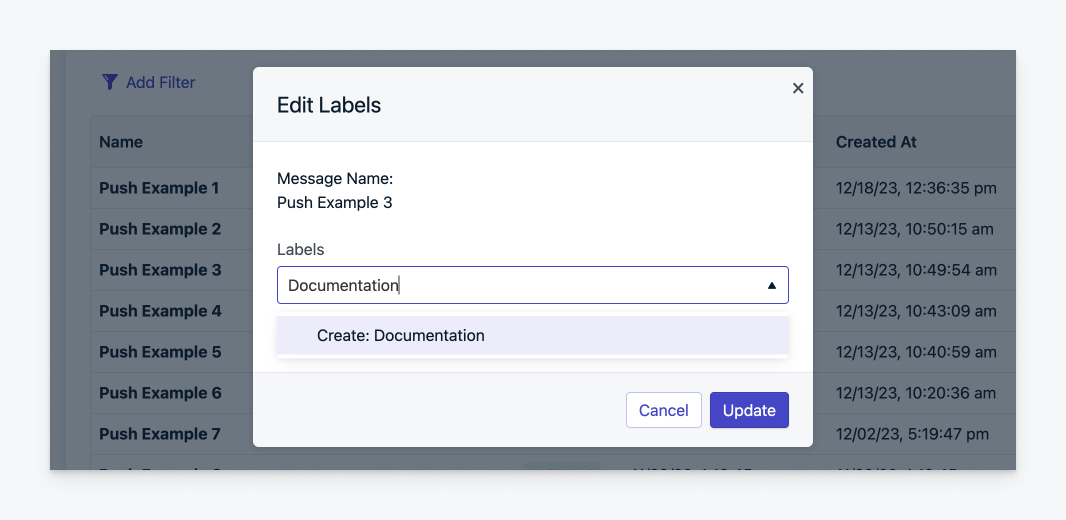 Click "Create" in the dropdown to create a new label. Click "Update" to add the label to the message.