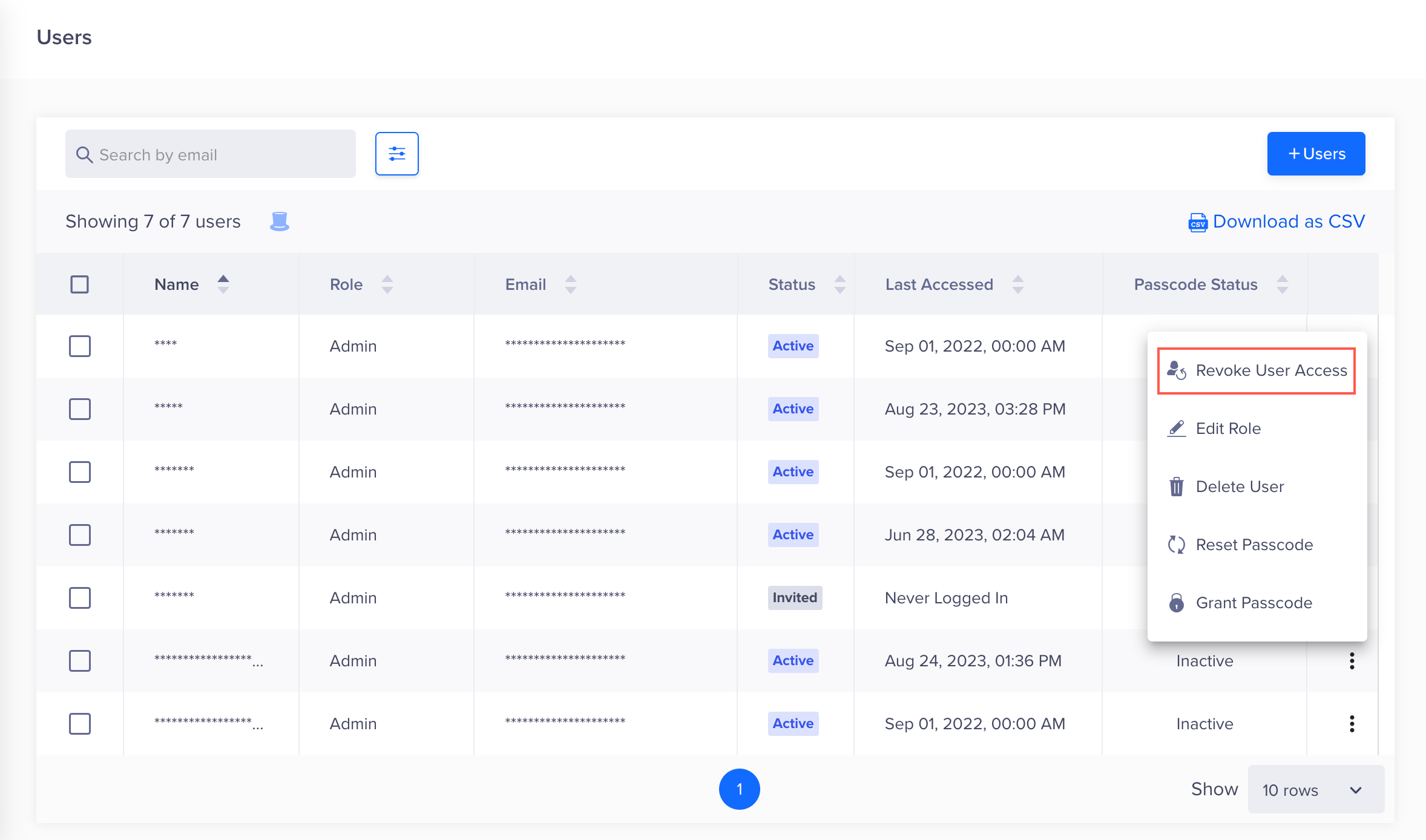 A dashboard image showing the option to Revoke User Access of a user