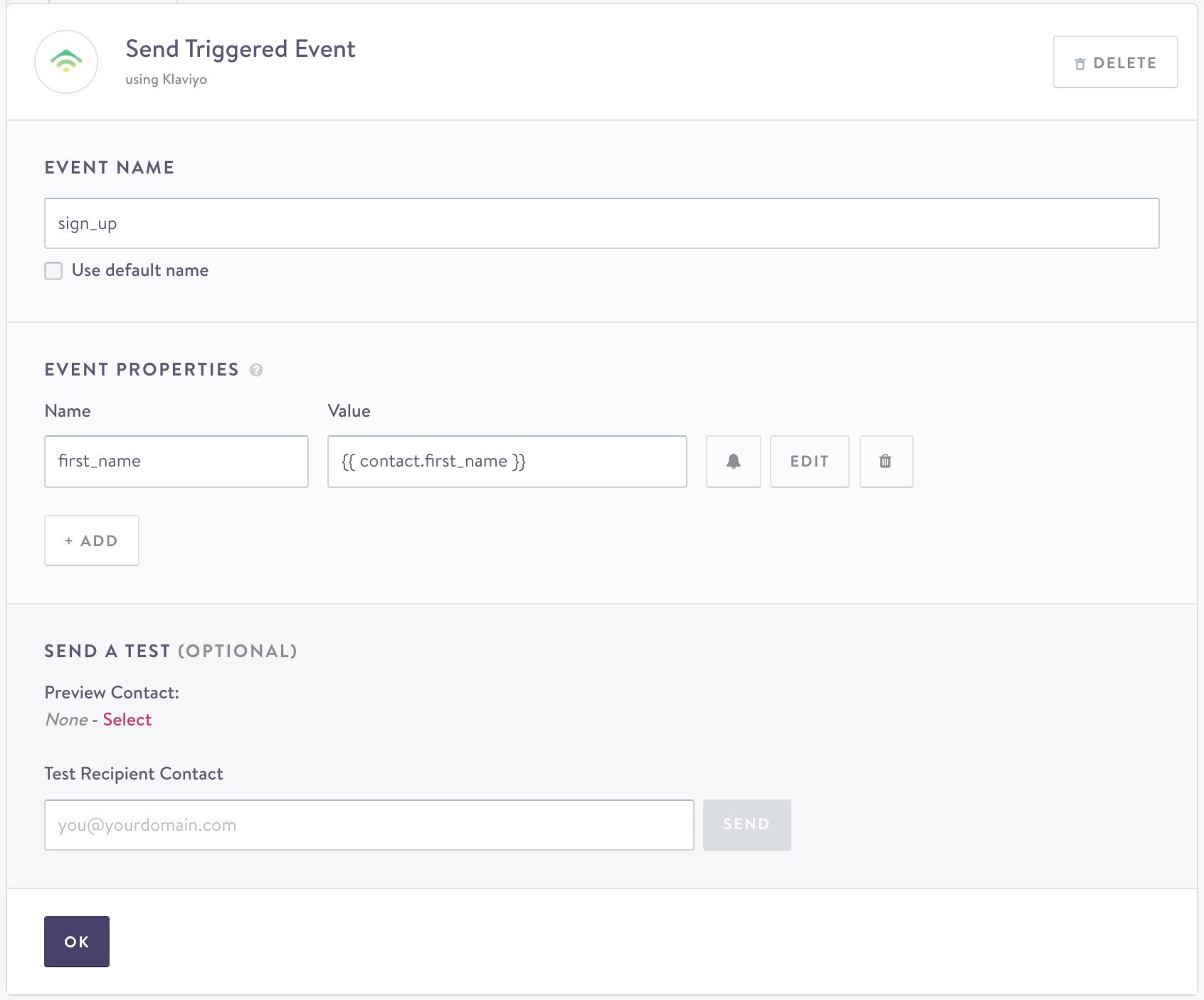 Using a custom event name and event properties in Klaviyo.