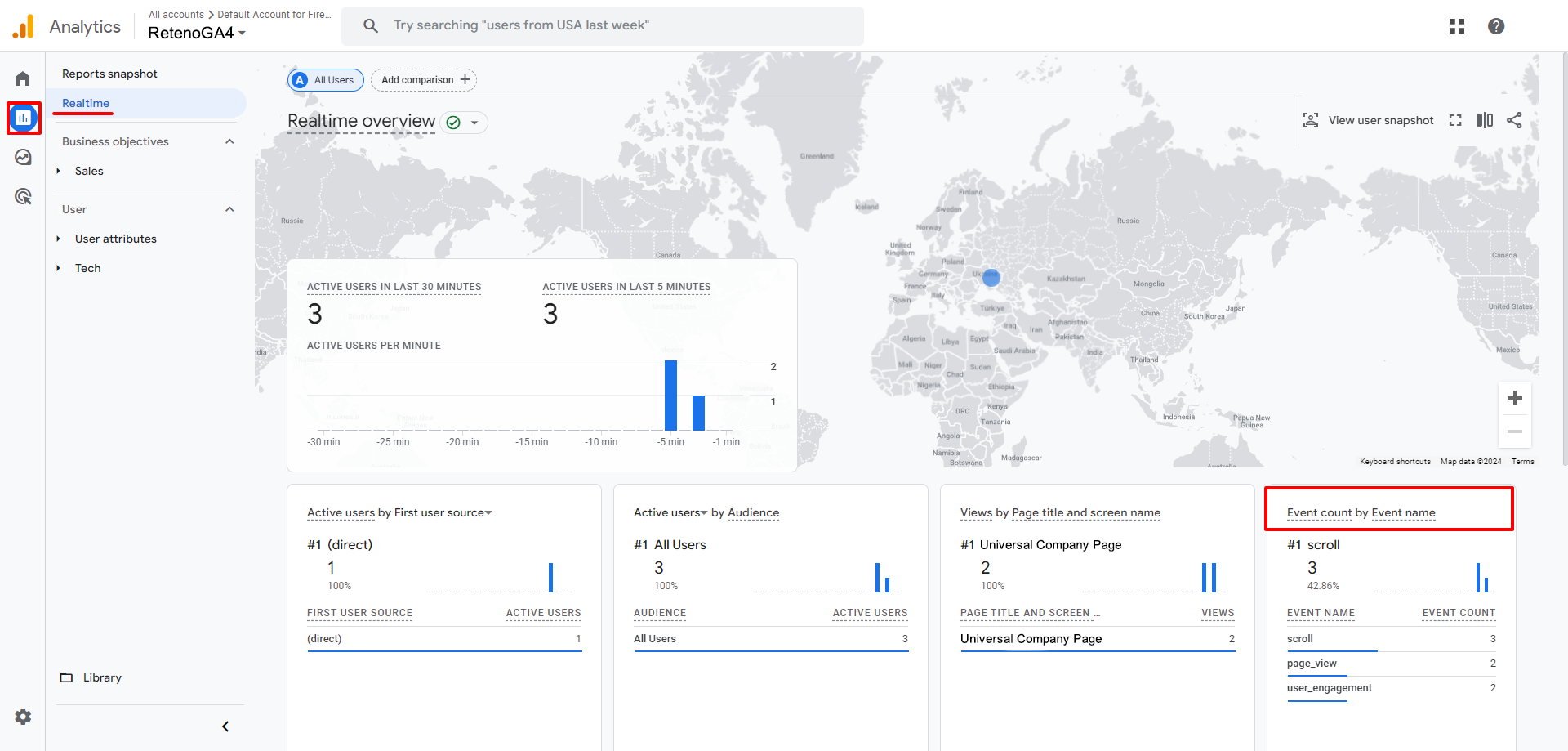 Google Analytics Realtime overview page with the Realtime menu item and the Event count by Event name panel highlighted