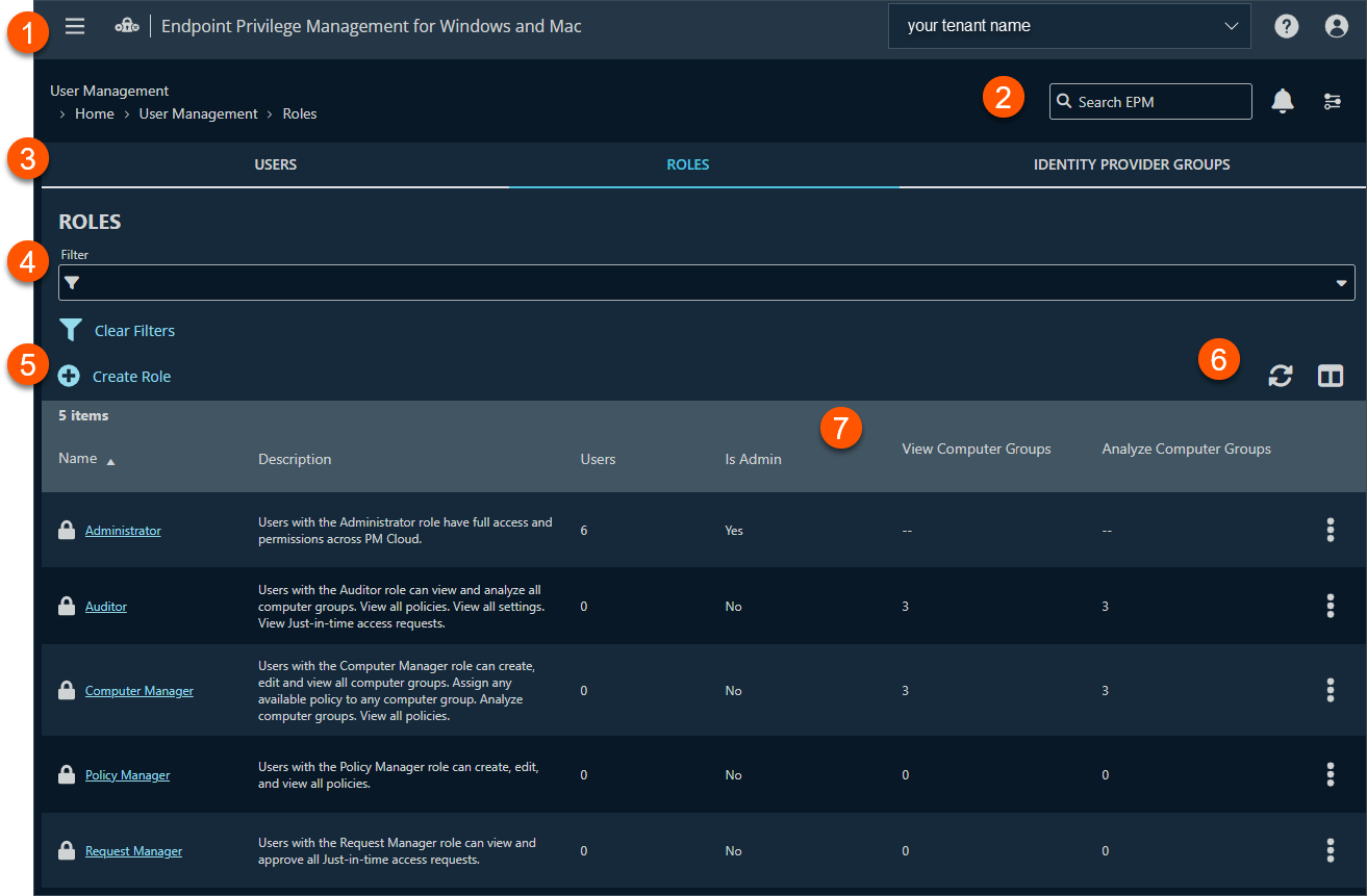 Endpoint Privilege Management for Windows and Mac Roles page in User Management