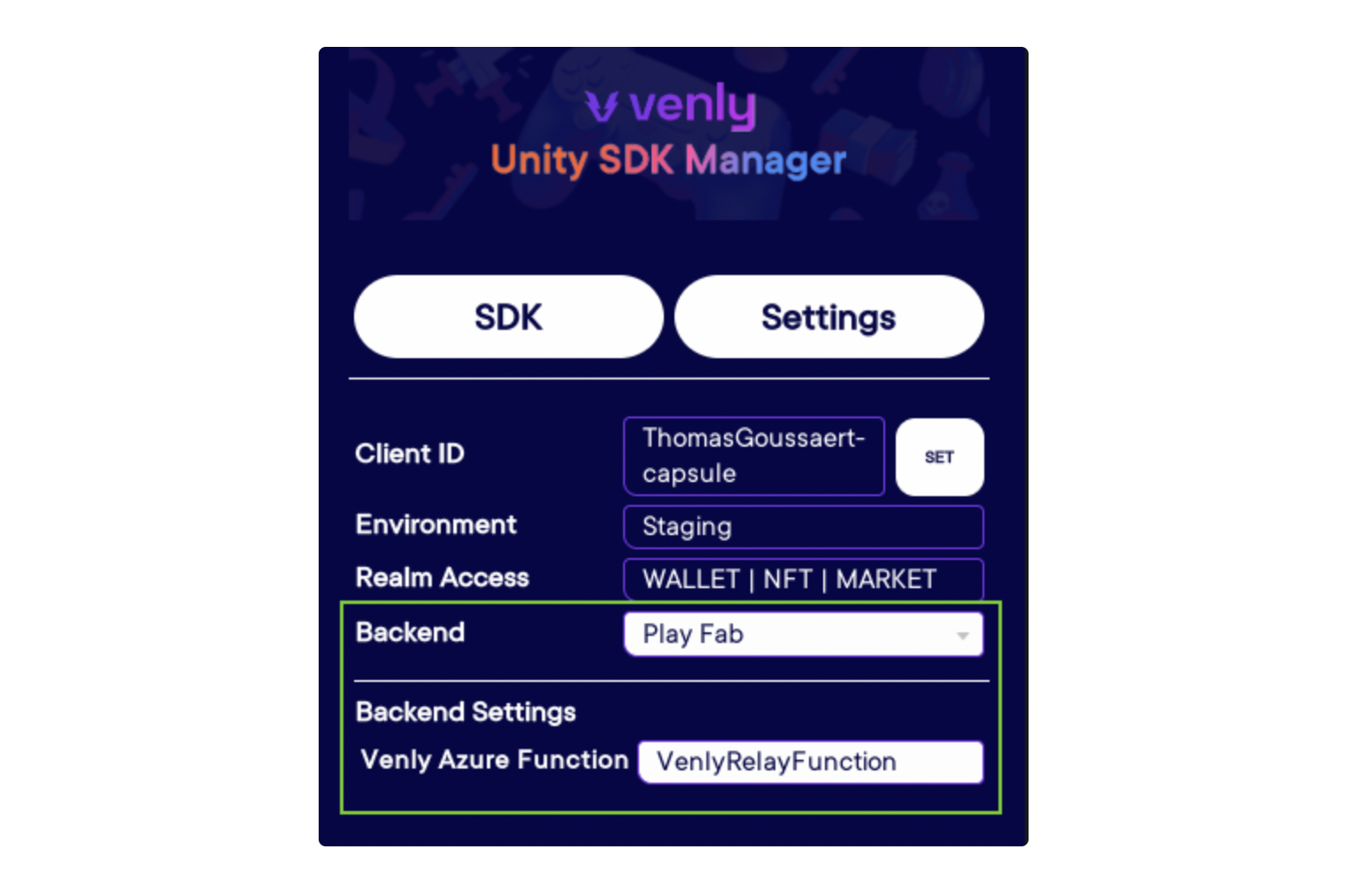 Configuring the Azure cloud function in the Venly SDK Manager