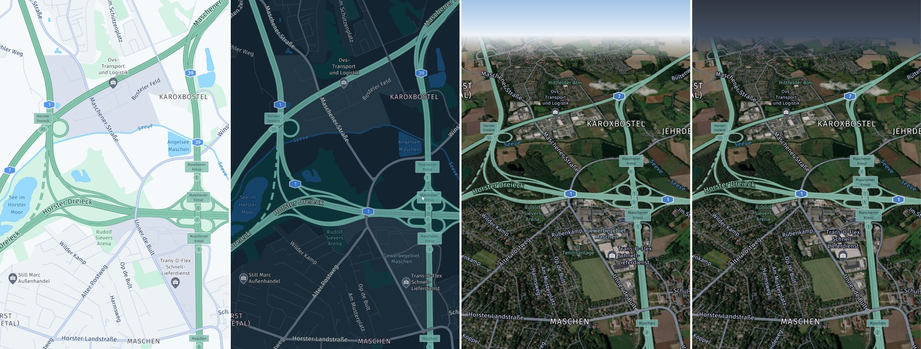 Screenshots (from left to right): MapScheme.logisticsDay, MapScheme.logisticsNight, MapScheme.logisticsHybridDay, MapScheme.logisticsHybridNight